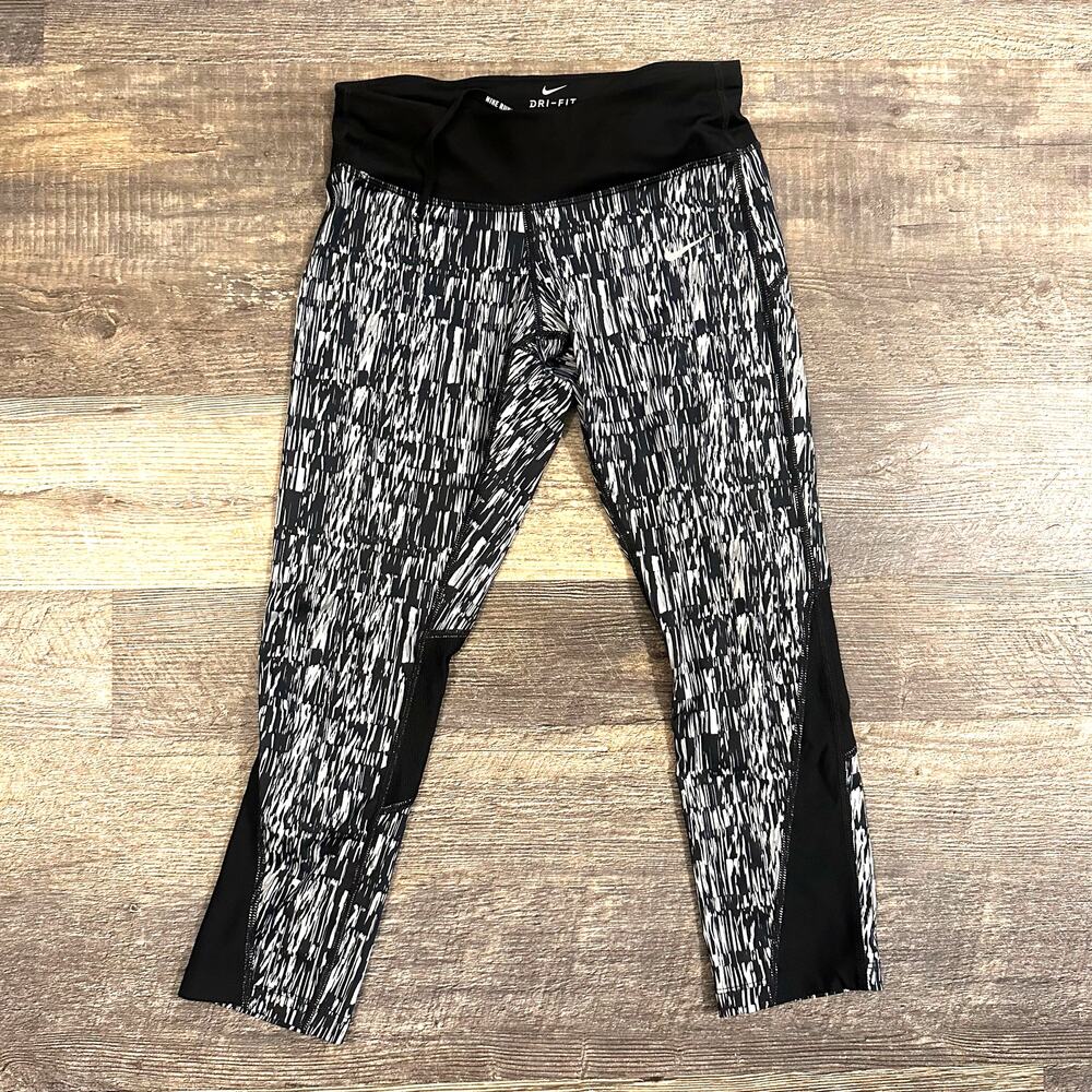 Nike Dry Fit Womens Black White Abstract Print Mid Rise Running Leggings Size XS